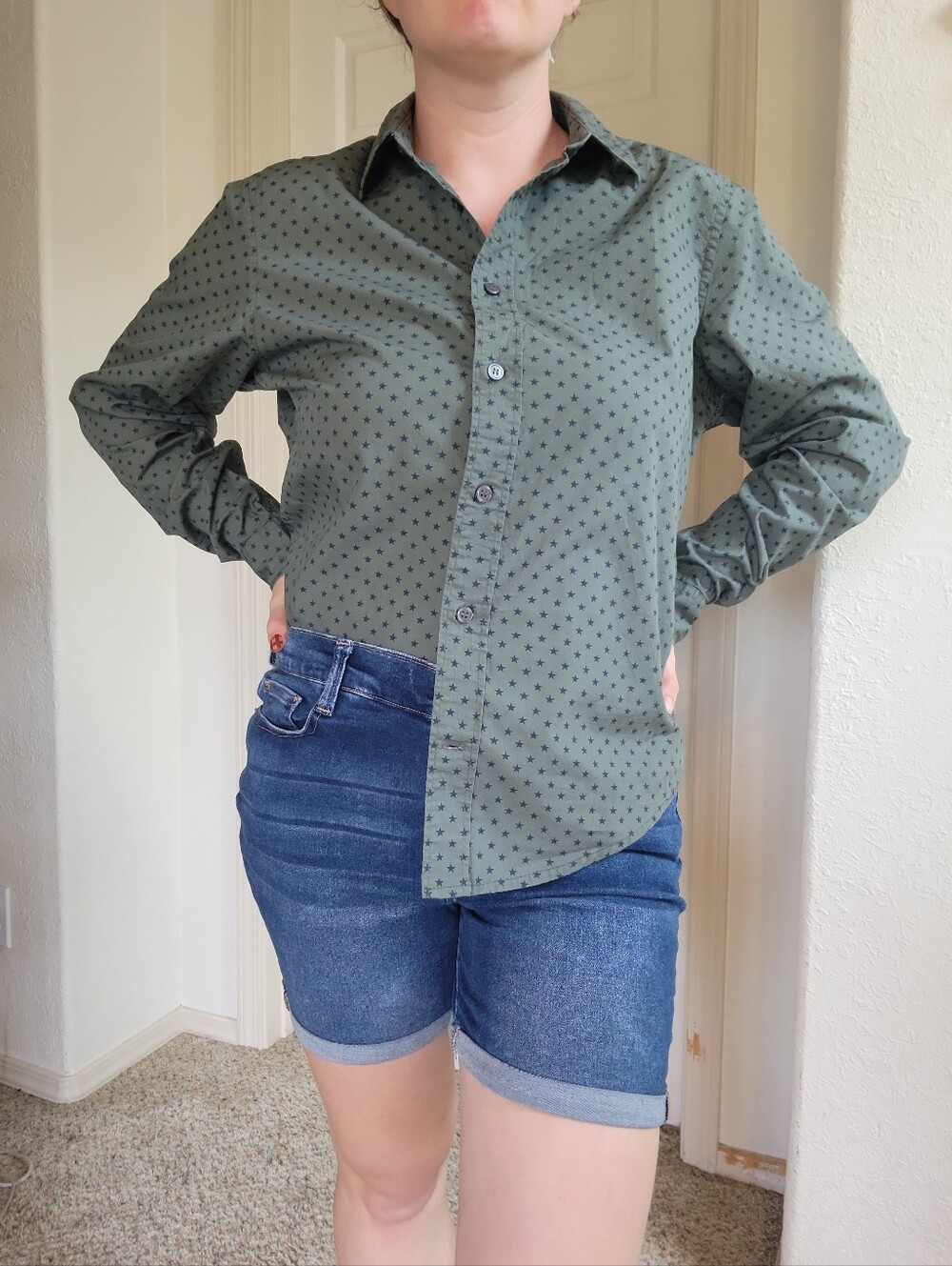 Slate & Stone Green and Navy Star Print Button Front Shirt Women's Size M